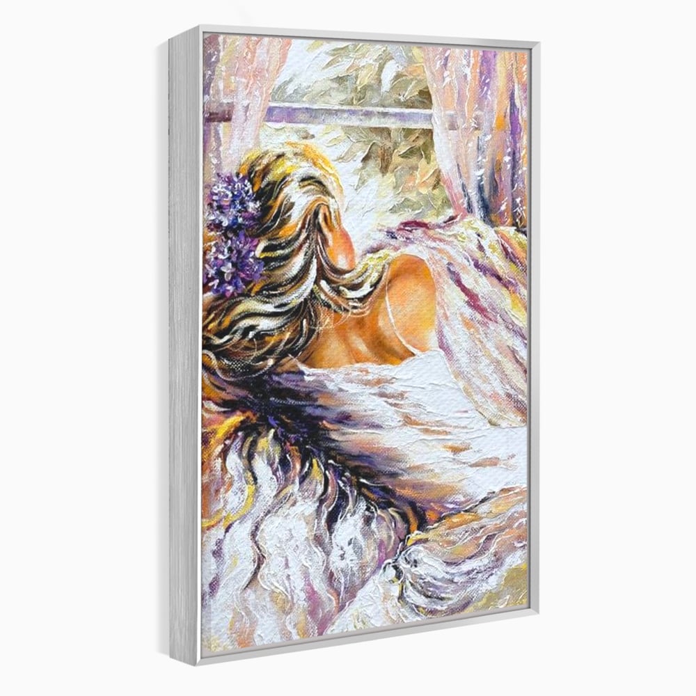 Tablou canvas cu tablou canvas cu femeie privind pe fereastra, in rama de aluminiu argintiu